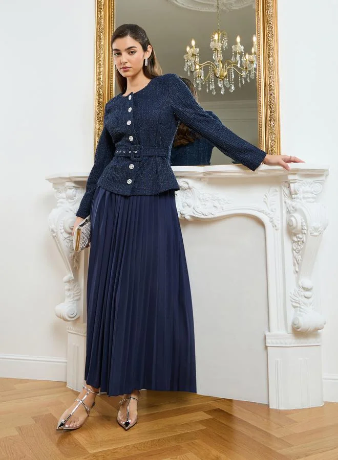 Styli Navy Blue Women Navy Blue Tweed Top and Pleated Skirt Co-Ords for Women | Best Price UAE